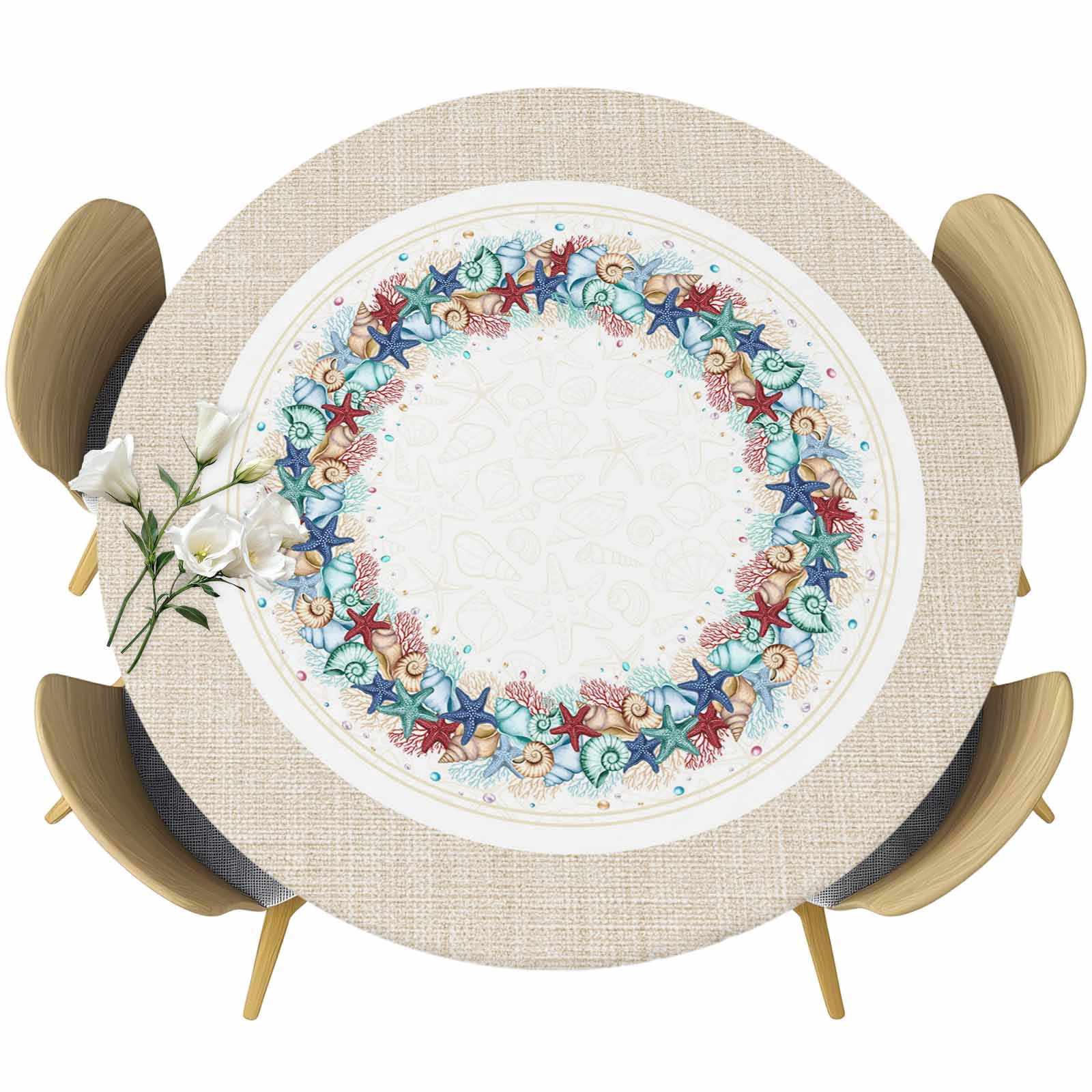 Shell Table Clothes Ocean Starfish Round Tablecloth, Fitted Table Cover with Elastic for 36 ...