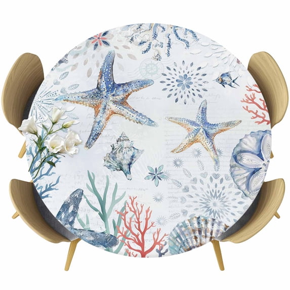 Ocean Starfish Round Tablecloth, Fitted Table Cover with Elastic for 45"-54" Round Tables, Summer Coastal Coral Flower Shells Table Cloth Outdoor Indoor Dinning Party Waterproof Tablecloths