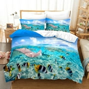 Ocean Starfish Seashell Duvet Cover, Beach Decor Style Bedding Set Tropical Nature Sea Theme Home Decor Comforter Cover Set, 1 Duvet Cover with 2 Pillow Cases for Kids Teens Girls Room Decor,Queen