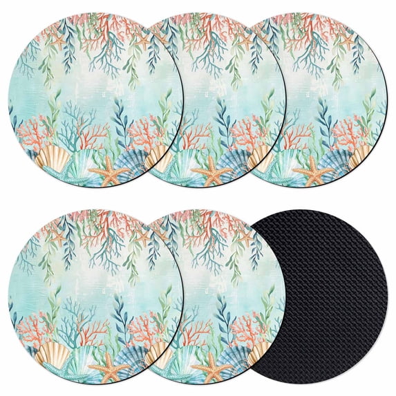 Ocean Starfish Seaweed Coasters Set of 6, Absorbent Coasters for Drinks, Summer Coastal Beach Shell Coral Teal Coaster for Desk Coffee Table Protection, Home Decor House Warming Gifts 4"