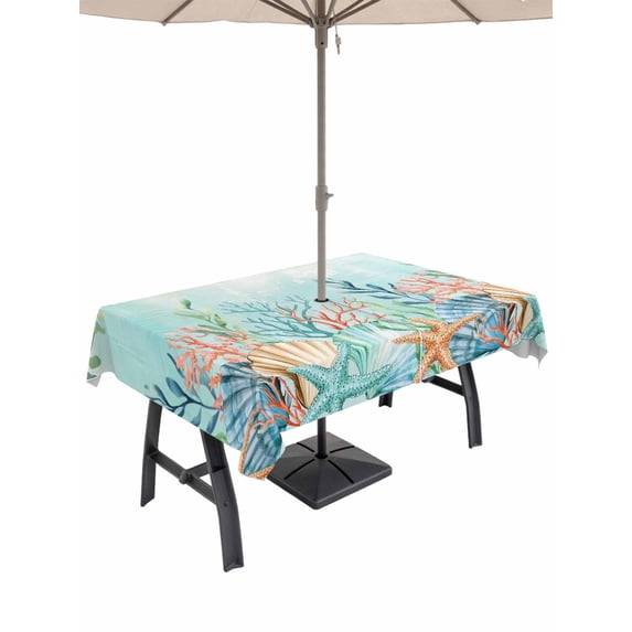 Ocean Starfish Seaweed Outdoor Tablecloth - 60x84 Inch Rectangle Dining Table Cover, Summer Coastal Beach Shell Coral Teal Waterproof Outdoor Table Cloth with Umbrella Hole & Zipper for Picnic/Patio
