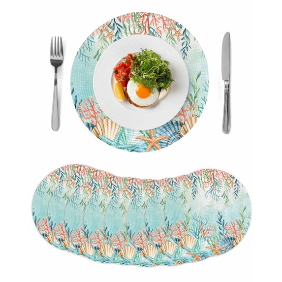 Ocean Starfish Seaweed Round 13 Inch Placemats Set of 8, Summer Coastal Beach Shell Coral Teal HeatResistant Non Slip Place Mats for Dining Table, Wipeable Braided Kitchen Table Mats for Housewarming
