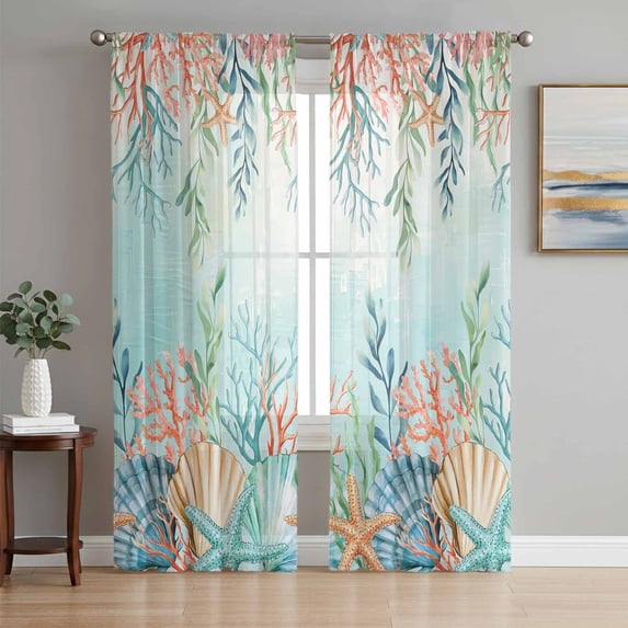 Ocean Starfish Seaweed Sheer Curtains 96 Inch Length 2 Panels for Living Room, Summer Coastal Beach Shell Coral Teal Voile Kitchen Curtain Set, Luxury Privacy Drapes Window Treatment for Bedroom