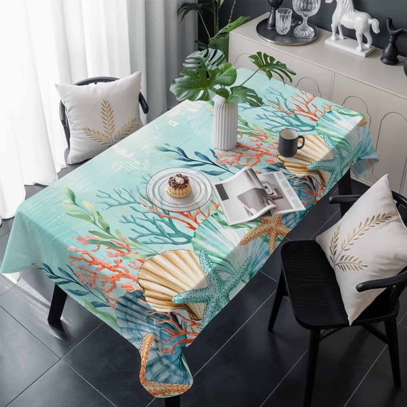 Ocean Starfish Seaweed Table Cloth Waterproof Tablecloths, Summer Coastal Beach Shell Coral Teal Tablecloth Dining Table Cover for Kitchen Party Tabletop Outdoor, Rectangle Tablecloth 60x120 Inch