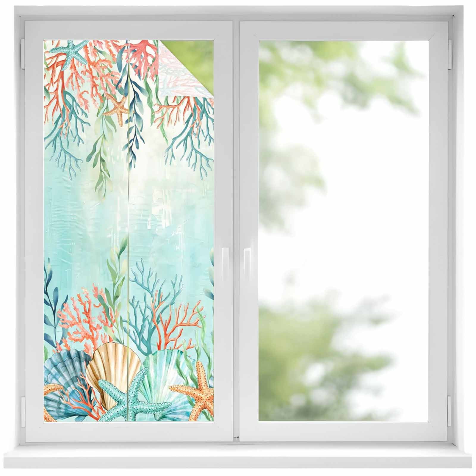 Ocean Starfish Seaweed Window Privacy Film, Summer Coastal Beach Shell Coral Teal Static Cling UV Sun Blocking Heat Control Window Tint Day and Night, Non-Adhesive One Way Privacy Cover 17.7''x39.3''