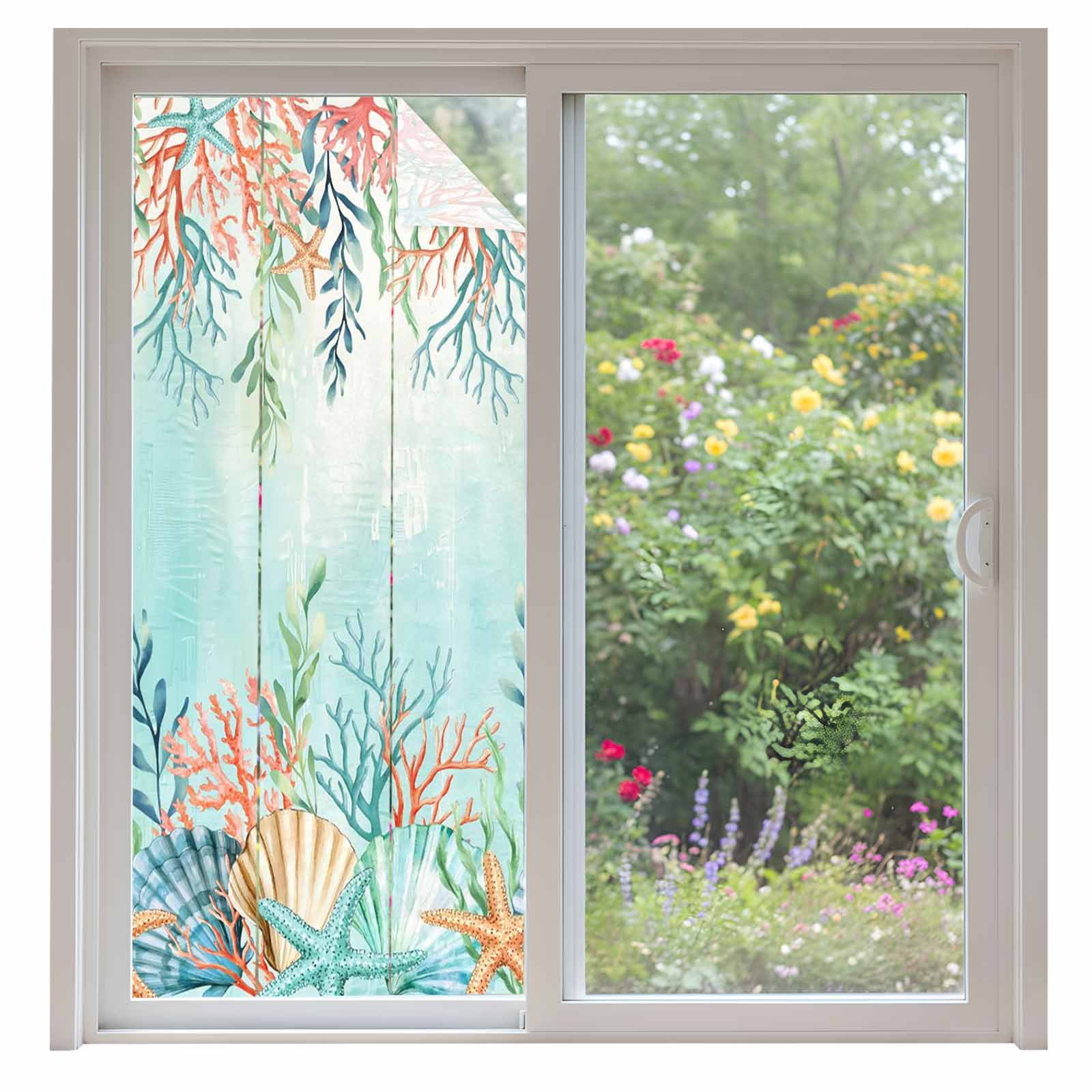 Ocean Starfish Seaweed Window Privacy Film, Summer Coastal Beach Shell Coral Teal Static Cling UV Sun Blocking Heat Control Window Tint Day and Night, Non-Adhesive One Way Privacy Cover 35.4''x78.7''