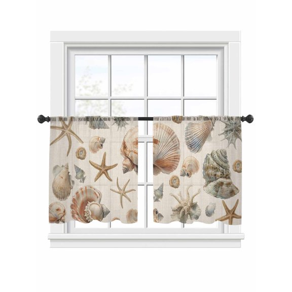 Ocean Starfish Sheer Curtains 45 Inch Long 2 Panels, Brown Shell Summer Sea Vintage Linen Light Filtering Rod Pocket Curtains, Sheer Voile Drapes for Living Room Bedroom, 52"x45"