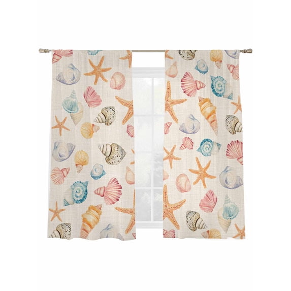 Ocean Starfish Sheer Curtains 72 Inch Long 2 Panels, Yellow Shell Vintage Linen Summer Light Filtering Rod Pocket Curtains, Sheer Voile Drapes for Living Room Bedroom, 52"x72"