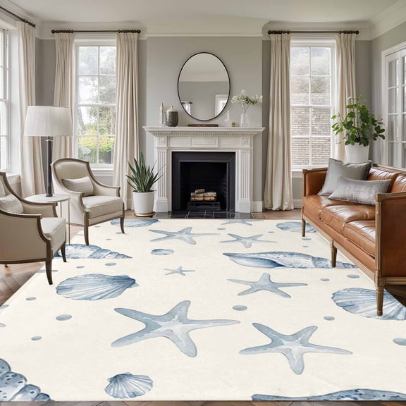 Ocean Starfish Shell 6'x9' Large Area Rugs Summer Vintage Watercolor Sea Marine Life Washable Area Rugs Non-Slip Indoor Floor Mats Large Carpet for Living Room Bedroom Dining Room