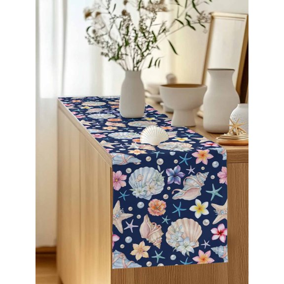 Ocean Starfish Shell Conch Pearl Table Runner 13x48in Non-Slip Cotton Linen Table Runners, Summer Flower Navy Blue Back Dresser Scarves TableRunner for Dinner Kitchen Dining Wedding Party