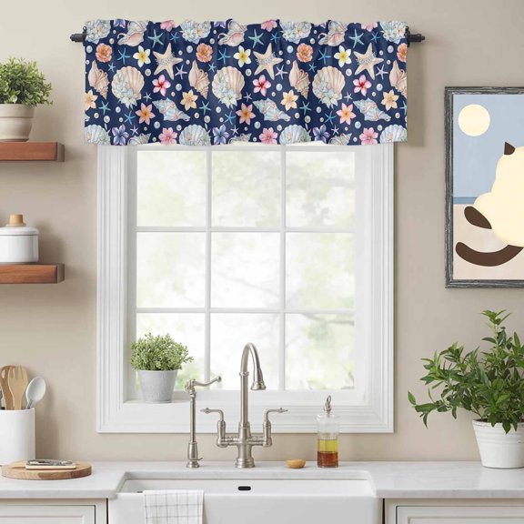 Ocean Starfish Shell Conch Pearl Valances for Windows,Kitchen Valance Rod Pocket Short Curtain, Summer Flower Navy Blue Back Valance Curtain Window Valances for Bedroom Bathroom Living Room 54x18in