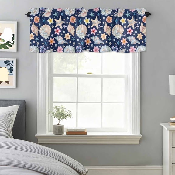Ocean Starfish Shell Conch Pearl Valances for Windows,Kitchen Valance Rod Pocket Short Curtain, Summer Flower Navy Blue Back Valance Curtain Window Valances for Bedroom Bathroom Living Room 42x18in