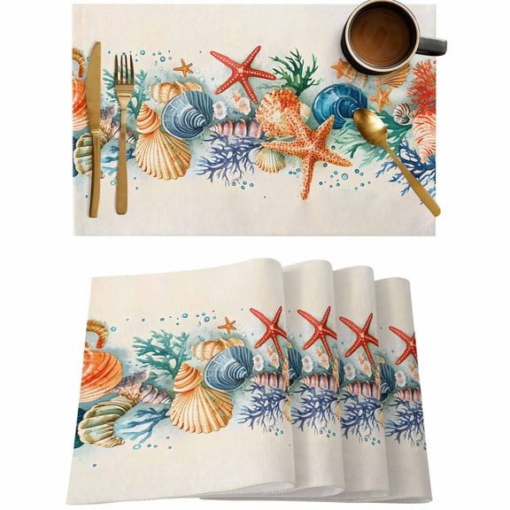 Ocean Starfish Shell Conch Placemats Set of 4,Wipeable Washable Table Mats for Dining Tables,Sea Coral Underwater World Place Mats for Kitchen Event Party Tabletop Decor