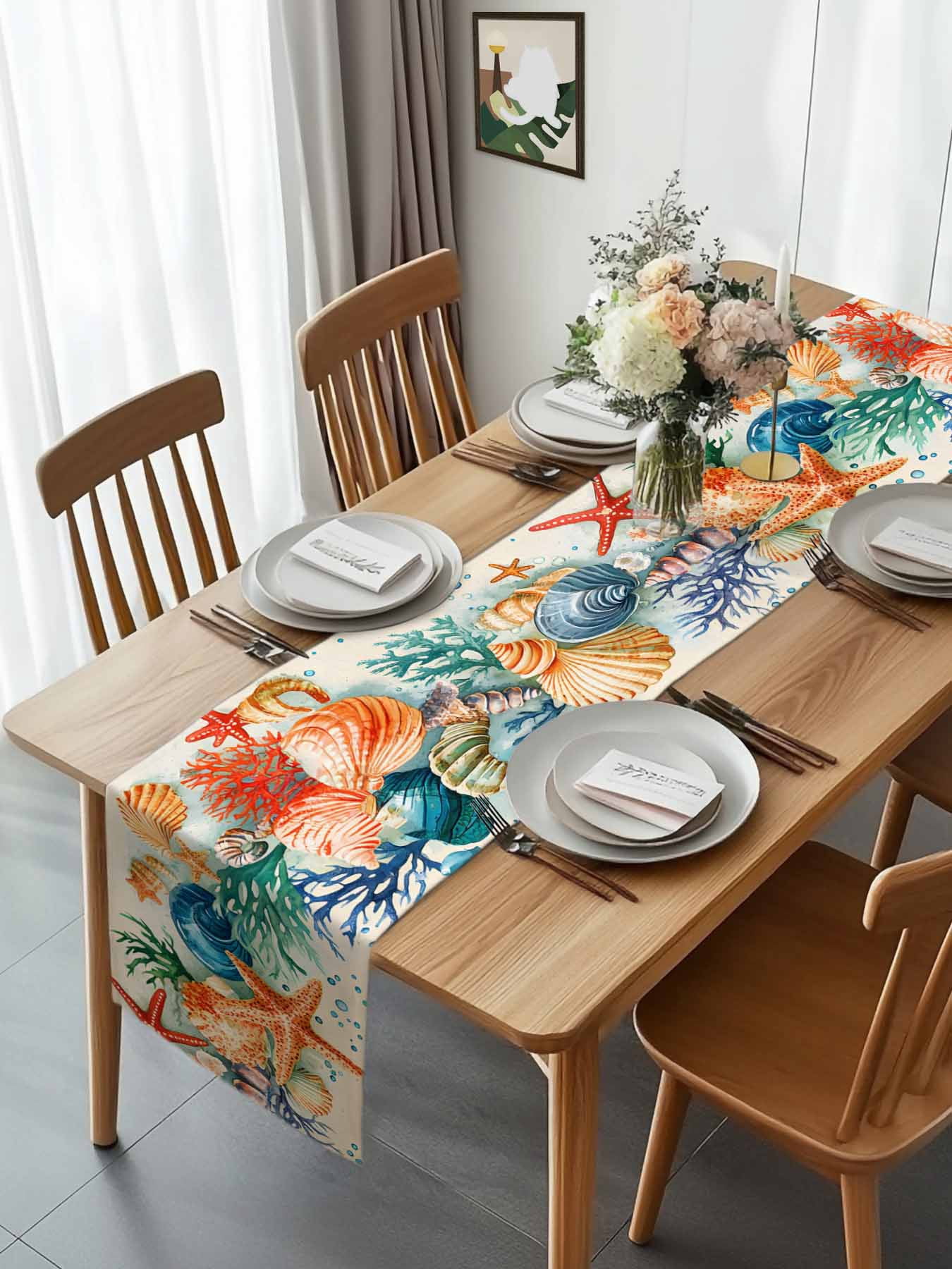 Ocean Starfish Shell Conch Table Runner 90 Inches Long, Sea Coral Underwater World Table Runners Tabletop Scarf Kitchen Dining Tables Decoration for Home Party Indoor Outdoor