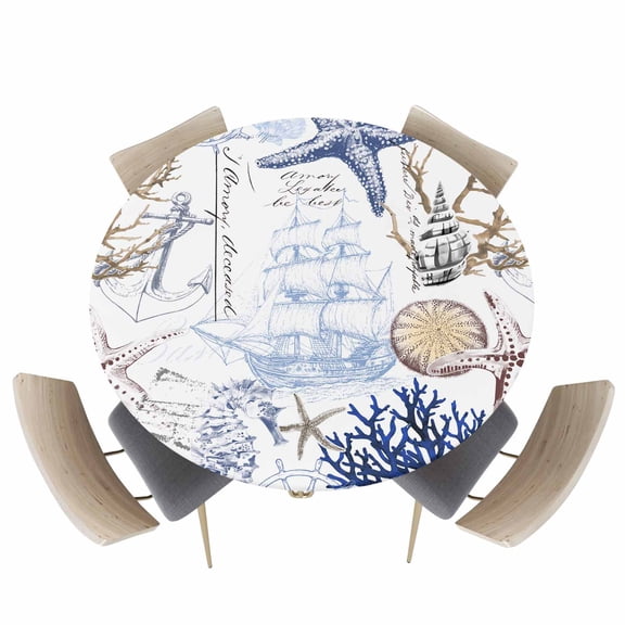 Ocean Starfish Shell Coral Sailboat Fitted Round Tablecloths Elastic Edged Table Covers 45"-54",Nautical Theme Sketch Waterproof Dining Room Kitchen Table Cloth for Holiday Party Tables Decor