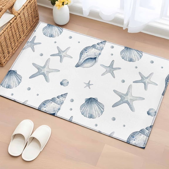 Ocean Starfish Shell Entryway Rug 2'x3' Summer Sea Watercolor Marine Life Small Area Rug Non-Slip Front Door Mat Washable Floor Carpet for Indoor Entrance Kitchen Bathroom
