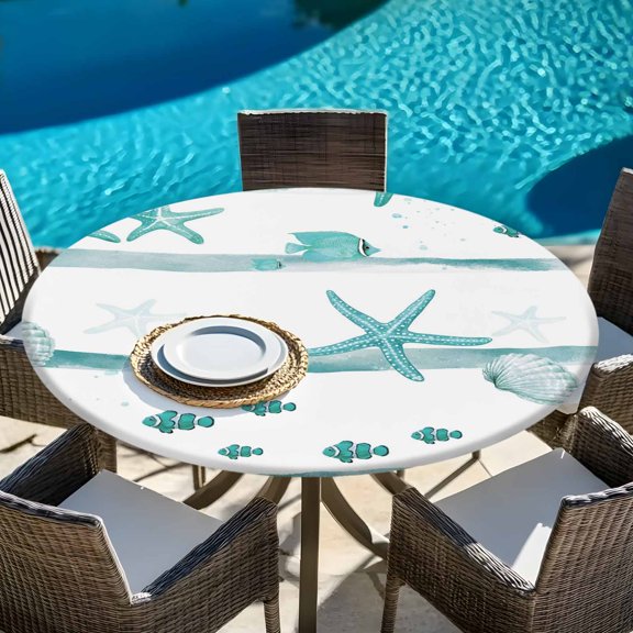 Ocean Starfish Shell Fish Round Fitted Tablecloth with Elastic Edge,Waterproof Table Cloth Fits Tables 45"-54",Wipeable Washable Table Cover for Indoor Outdoor Dinning,Watercolor Mint Green Stripes