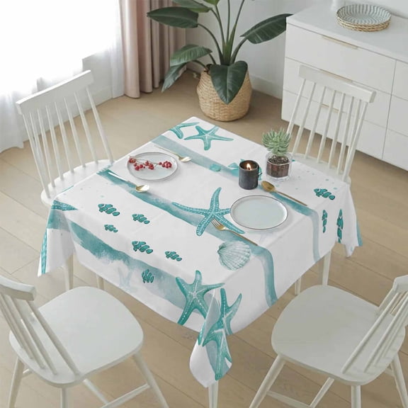 Ocean Starfish Shell Fish Table Cloth 54x54in, Waterproof Square Tablecloth Wipeable Tablecloths Watercolor Mint Green Stripes Table Covers for Dining Tables Party Indoor Outdoor