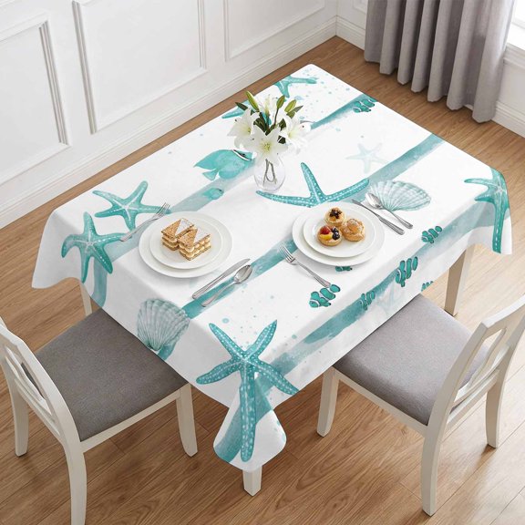 Ocean Starfish Shell Fish Table Cloth 60x84in, Waterproof Rectangle Tablecloth Wipeable Tablecloths Watercolor Mint Green Stripes Table Covers for Dining Tables Party Indoor Outdoor