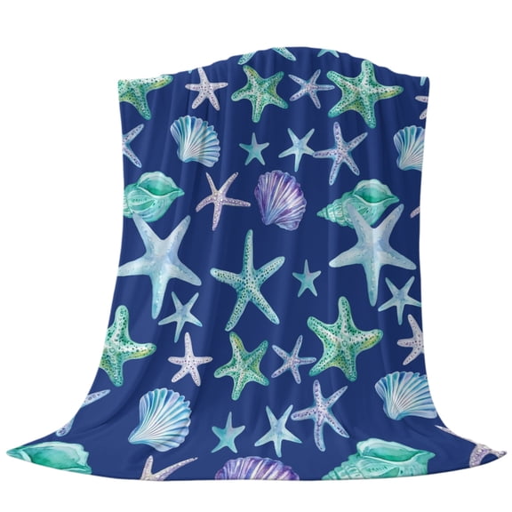Ocean Starfish Shell Fleece Throw Blanket Lightweight Summer Watercolor Green Purple Marine Life Dark Blue Fuzzy Flannel Throws Super Soft Cozy Flannel Blanket for Couch, Sofa, Bed, Travel 30"x40"