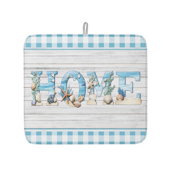 Ocean Starfish Shell Home Quote Dish Drying Mats for Kitchen Counter,Absorbent Microfiber Dish Drainer Rack Mat Blue Grid Farm Wood Board Drying Pad for Sinks,Utensils,Countertops,16x18in