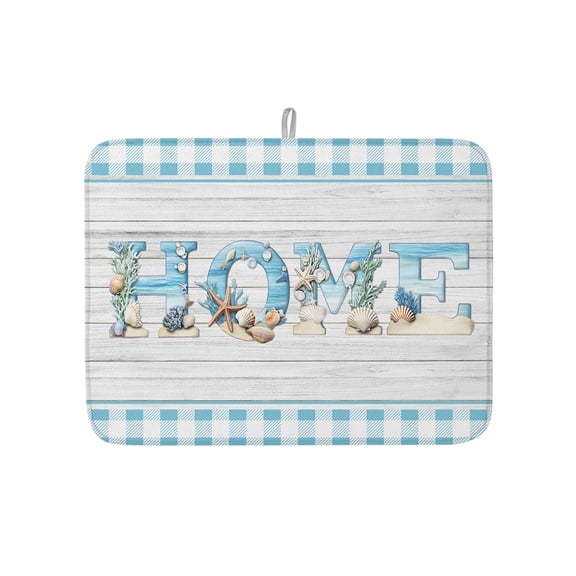 Ocean Starfish Shell Home Quote Dish Drying Mats for Kitchen Counter,Absorbent Microfiber Dish Drainer Rack Mat Blue Grid Farm Wood Board Drying Pad for Sinks,Utensils,Countertops,18x24in