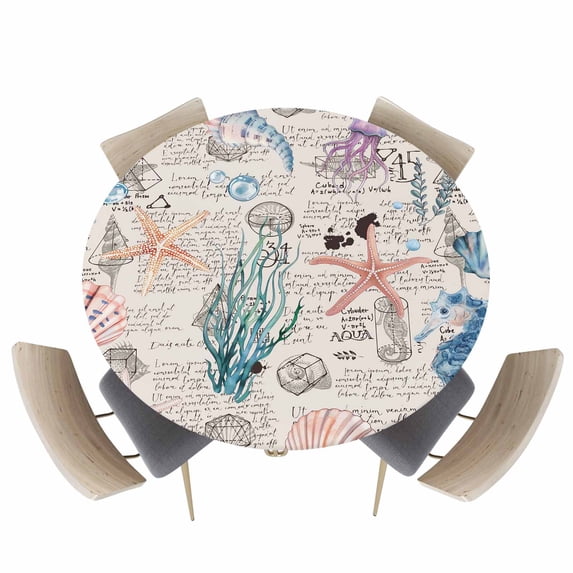 Ocean Starfish Shell Marine Life Fitted Round Tablecloths Elastic Edged Table Covers 36"-44",Watercolor Undersea World on Retro Waterproof Dining Room Kitchen Table Cloth for Holiday Party Tables