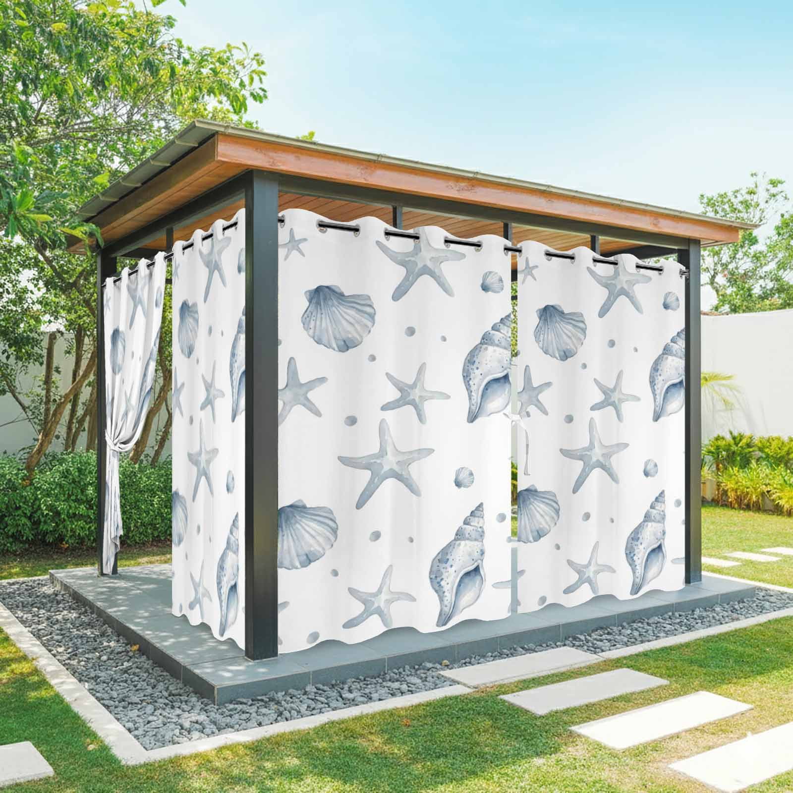 Ocean Starfish Shell Outdoor Curtains for Patio, Summer Sea Watercolor Marine Life Sunshade Privacy Drapes Grommet Waterproof Outside Curtains for Porch/Cabana/Balcony 54"x 108", 1 Panel