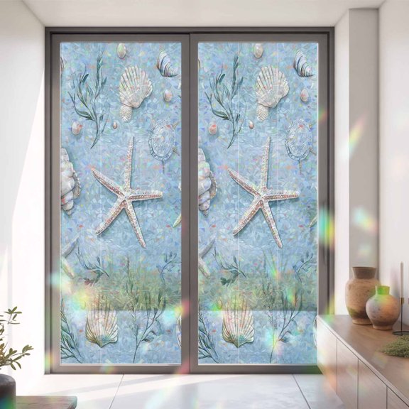 Ocean Starfish Shell Pearl Window Privacy Film,Decorative Windows Static Cling Summer Marine Creature on Blue Heat Control Removable Glass Sticker for Home Bathroom Bedroom Window Door,35x79in