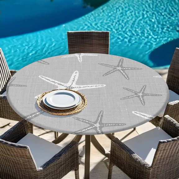 Ocean Starfish Sketch Gray Burlap Round Fitted Tablecloth with Elastic Edge,Waterproof Table Cloth Fits Tables Up to 45"-54",Wipeable Table Cover for Indoor Outdoor Dinning,Coastal Marine Life Theme