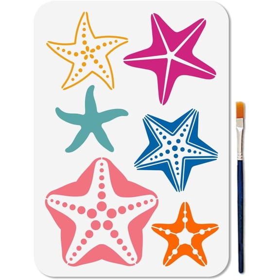 Ocean Starfish Stencil Reusable Summer Beach Stars Stencils for Painting 11.78.3inch Marine Life Art Craft Templates with Paint Brush for Window Wood Wall Home Gift Decor