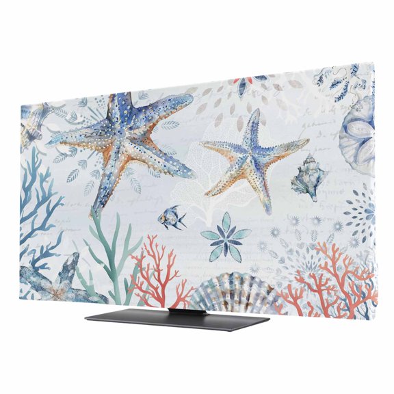 Ocean Starfish TV Cover for 24 Inch Screen, Stretch Fabric Dustproof TV Display Protector, Summer Coastal Coral Flower Shells Elastic Slipcover Monitor Cover for Indoor Desktop Computer 20.9"x11.8"