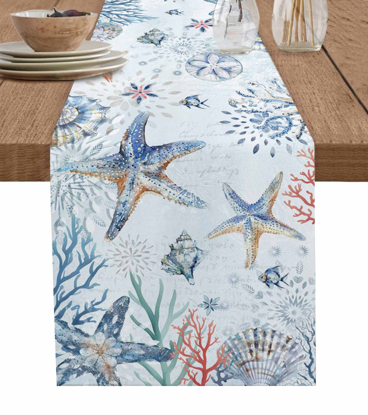 Ocean Starfish Table Runner 70 Inches, Summer Coastal Coral Flower ...