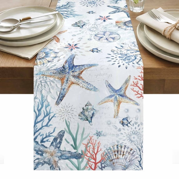 Ocean Starfish Table Runner - 72 Inch Long, Kitchen Dining Table Runner Dresser Scarves, Summer Coastal Coral Flower Shells Farmhouse Decor for Coffee Tables Wedding Party Banquet