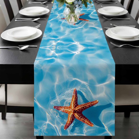 Ocean Starfish Table Runner, Summer Water Washable Cotton-linen Table Runners Dining Kitchen Decoration for Everyday Home Wedding Party Decor, 13 x 36 Inch