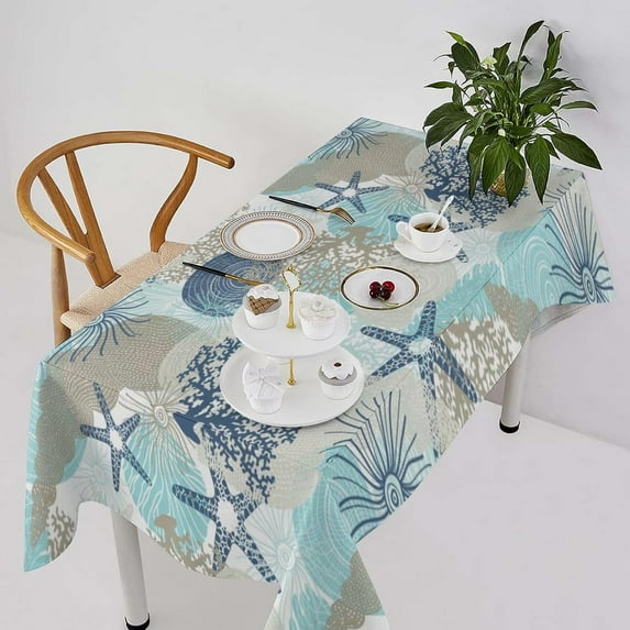 Ocean Starfish Tablecloth, Nautical Coastal Beach Algae Corals and Seashells Print Table Cover for Home Dining Room Kitchen Decor, Rectangle60x84