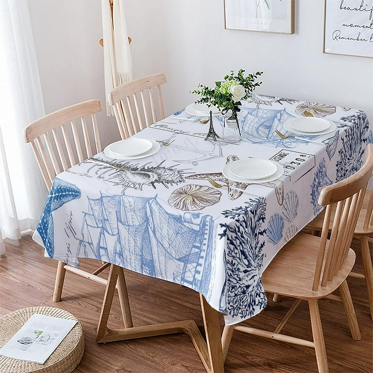 Ocean Starfish Tablecloth Rectangle/Oval Summer Table Cloth Nautical Anchor  Beach Coastal Shell Seahorse Waterproof Tablecloths for Party Stainproof