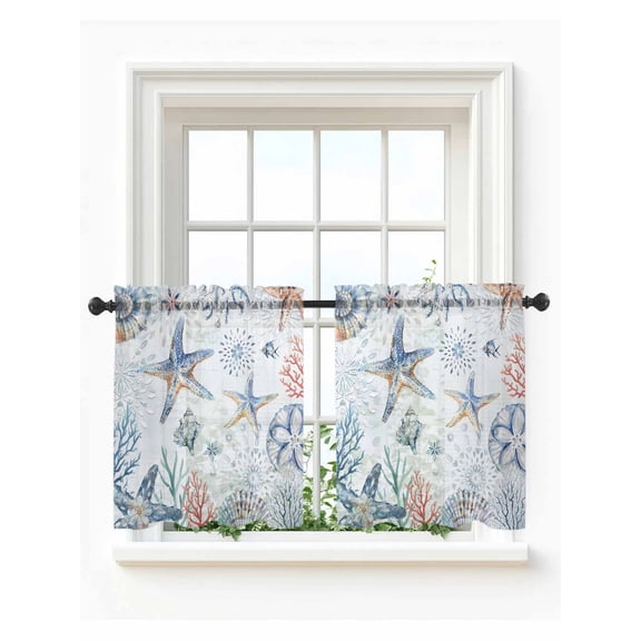 Ocean Starfish Tier Curtains 24 Inch Length,Sheer Curtains for Bedroom Living Room Window Summer Coastal Coral Flower Shells Rod Pocket Drapes Kitchen Curtains Small Half Window 27.5"x24" 2 Panels