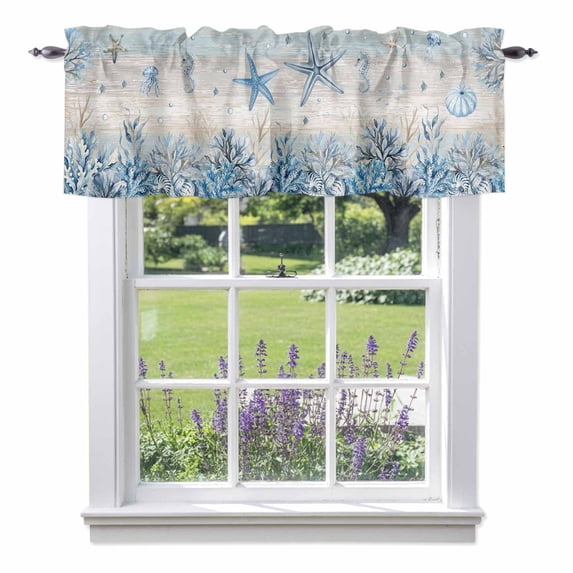 Ocean Starfish Valance Curtain Vintage Nautical Sea Jellyfish Seahorse Coral Seaweed Window Valances Rod Pocket Short Curtains Window Treatments for Kitchen Bedroom Bathroom Laundry 60" x 18"