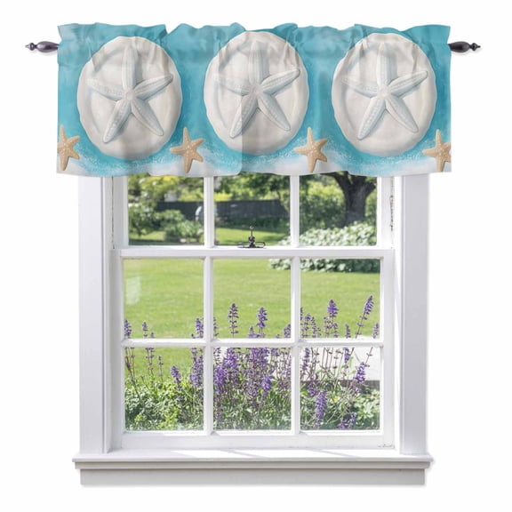 Ocean Starfish Valances for Windows, Summer White Orange Sea Star Sand Dollar Beach Rod Pocket Valance Short Window Treatments Curtains for Kitchen Bathroom Bedroom Decor, 42 x 18 Inches