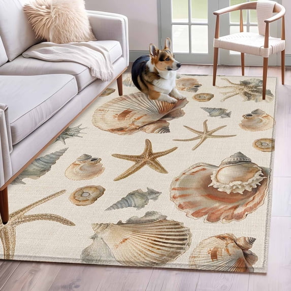 Ocean Starfish Washable Area Rugs 3'x5', Brown Shell Summer Sea Vintage Linen Low Pile Throw Living Room Rug Non-Slip Sturdy Edge Binding Carpet for Indoor Entryway Bedside Kitchen