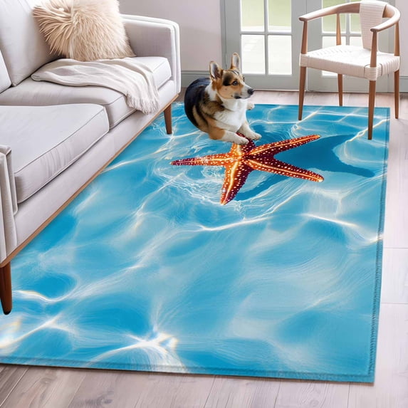 Ocean Starfish Washable Area Rugs 4'x6', Summer Water Low Pile Throw Living Room Rug Non-Slip Sturdy Edge Binding Carpet for Indoor Entryway Bedside Kitchen
