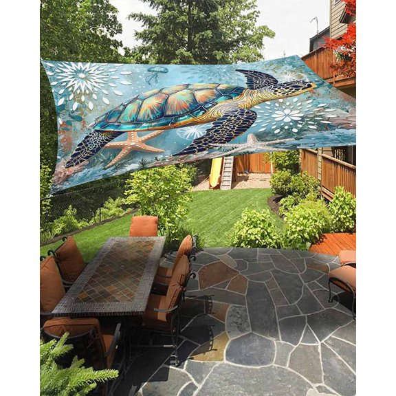 Ocean Starfish Waterproof Sun Shade Sail Sealife Marine Life Blue Coral Outdoor Patio Sun Shades Canopy UV Block Waterproof Sunshade for Garden Backyard Deck Pergola 6.5x10 Ft