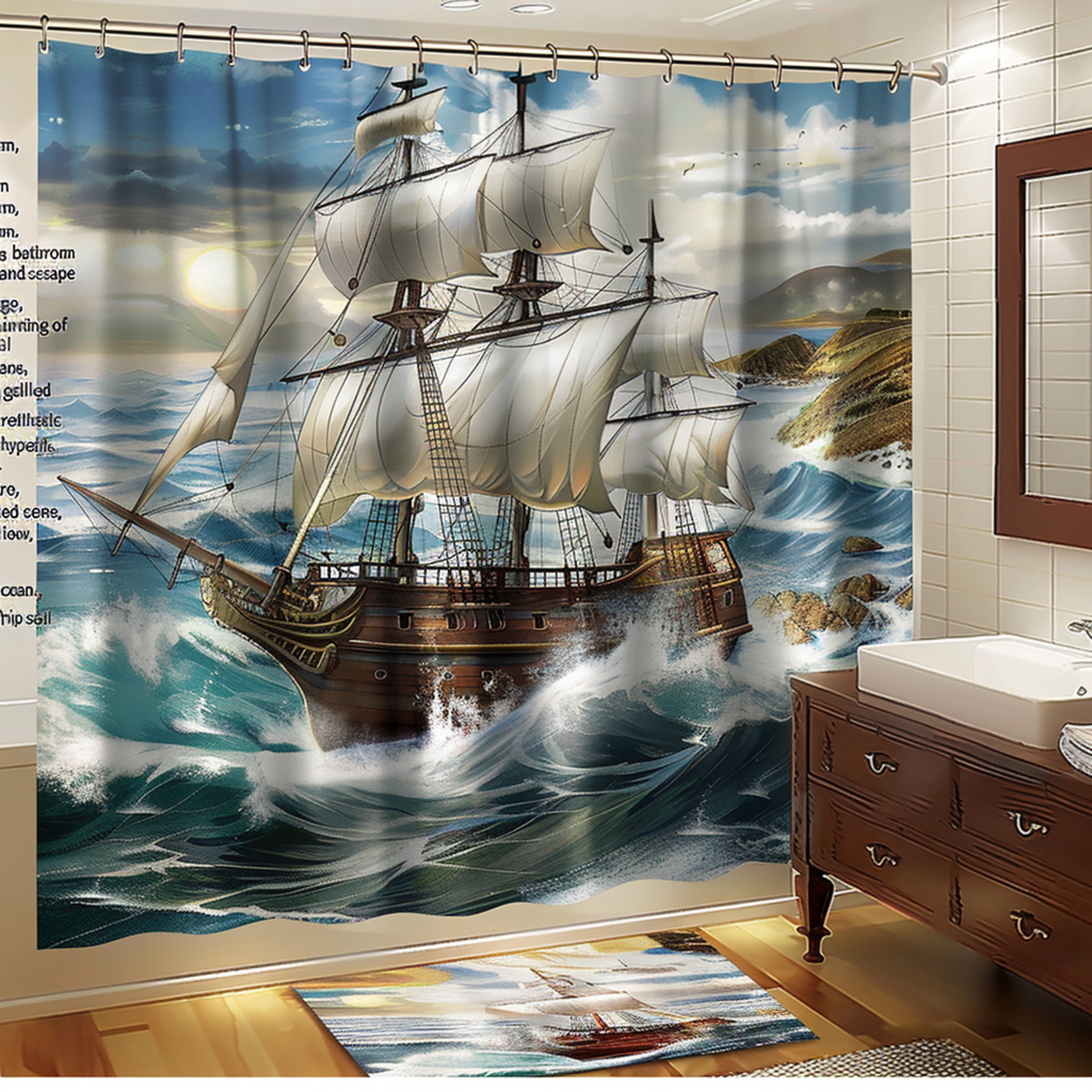 Ocean Storm Sailing Ship Bathroom Curtain Set Realistic Seascape Design ...