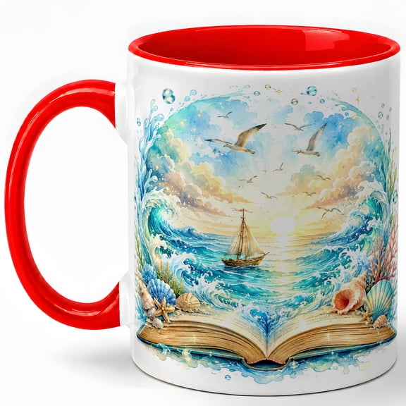 Ocean Storybook Coffee Mug, Sailboat Sea Waves Seashell Coastal Fantasy Design, 11 oz Ceramic Cup