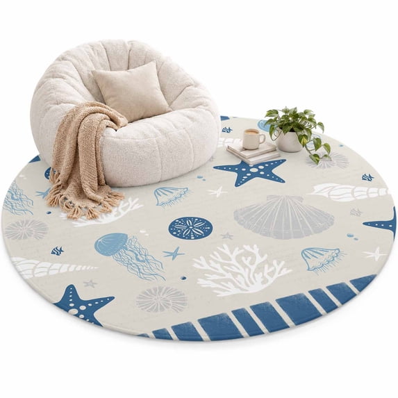 Ocean Striped Area Rug 4', Navy Blue Starfish Shell Jellyfish Coral ...