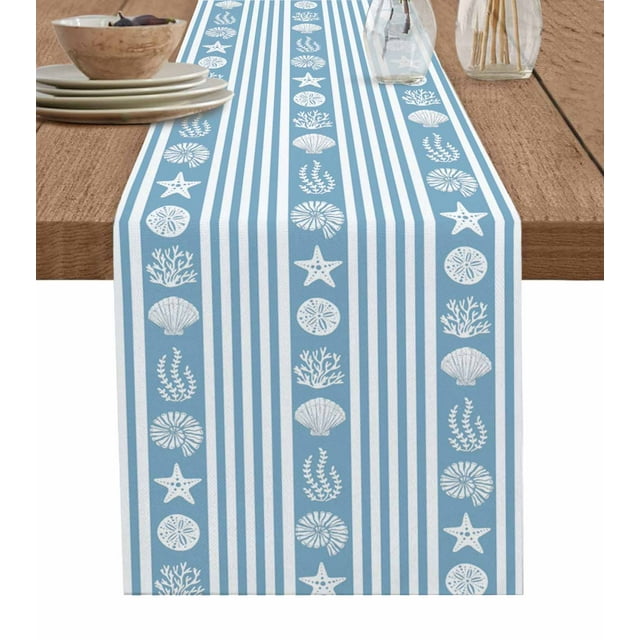 Ocean Striped Star Shell Jelly Coral Blue Table Runner Wedding Table