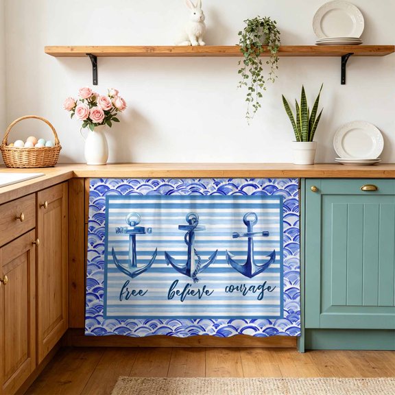 Ocean Style Cabinet Curtains 11" W x 13" L Summer Blue White Stripes Anchor Sea Wavy Border Waterproof Adhesive Kitchen Under Sink Curtain Dust-Proof Dishwasher Skirt for Closet