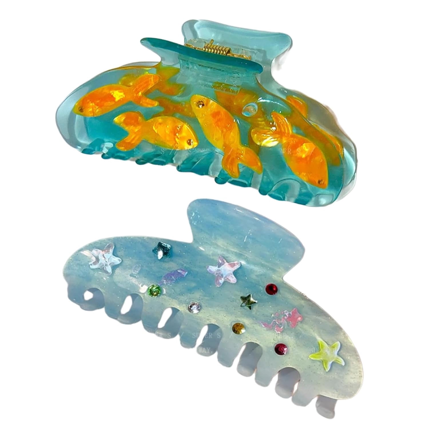 Ocean Style Goldfish Starfish Hair Claw Vintage Blue Non Slip Hair Clip Cute Cartoon Hair Accessory for Women Daily Casual Styling 2 Pcs