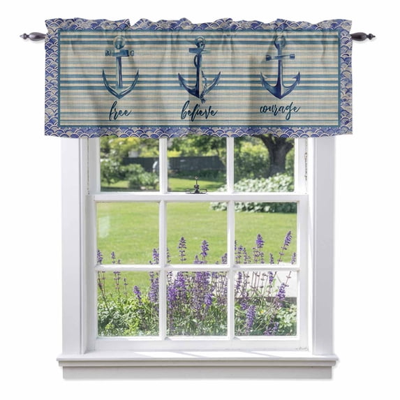Ocean Style Valance Curtain Summer Blue White Stripes Anchor Sea Wavy Linen Window Valances Rod Pocket Short Curtains Window Treatments for Kitchen Bedroom Bathroom Laundry 60" x 18"